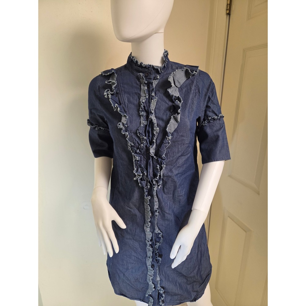 Mulberry England‎ Denim Ruffle Shirt Dress Dark Wash Blue Cotton Mini Poland 40